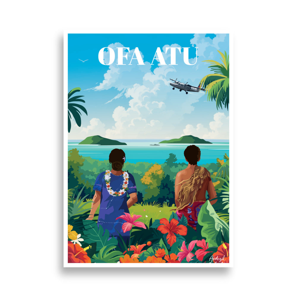 Découvrez une vue spectaculaire sur les îlots de Hahake Tekaviki, Fugalei et Luaniva avec le poster vintage OFA ATU. Ce poster met en scène une taahine et un tama regardant le twin otter pour Fuuna, offrant un paysage à couper le souffle. Ajoutez une touche d'histoire et de beauté à votre intérieur.